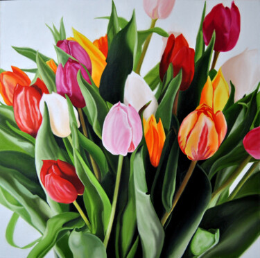 Painting titled "Tulips" by Simona Tsvetkova, Original Artwork, Oil Mounted on Wood Stretcher frame