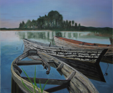 Painting titled "Landscape with boats" by Simona Tsvetkova, Original Artwork, Oil Mounted on Wood Stretcher frame