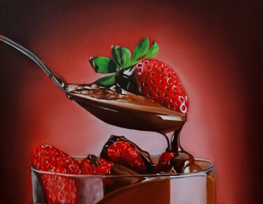 Painting titled "Strawberry Painting" by Simona Tsvetkova, Original Artwork, Oil Mounted on Wood Stretcher frame