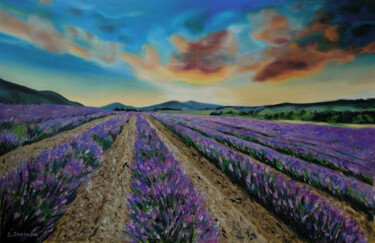 Painting titled "Lavender field" by Simona Tsvetkova, Original Artwork, Oil Mounted on Wood Stretcher frame