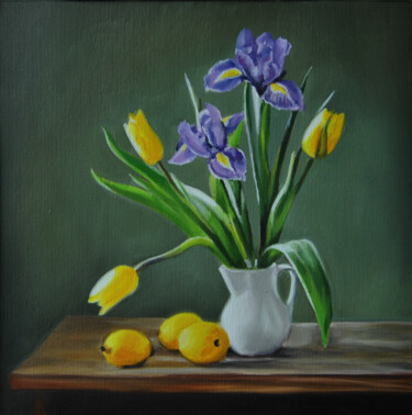Painting titled "Still life with flo…" by Simona Tsvetkova, Original Artwork, Oil Mounted on Wood Stretcher frame