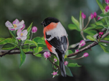Painting titled "Bird On A Blossomin…" by Simona Tsvetkova, Original Artwork, Oil Mounted on Wood Stretcher frame
