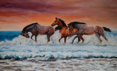 Painting titled "Brown Horses Runnin…" by Simona Tsvetkova, Original Artwork, Oil Mounted on Wood Stretcher frame
