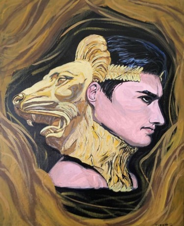 Painting titled "Golden Lion Warrior" by Turkan, Original Artwork, Acrylic