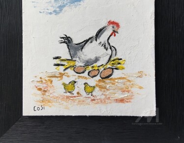 poule et poussins cadre bois Peinture intitulée "poule et poussins…" par Simone Collet, Œuvre d'art originale, Huile Monté sur Carton
