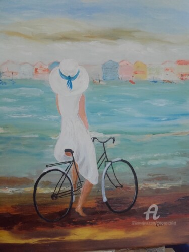 Malerei mit dem Titel "la bicyclette" von Simone Collet, Original-Kunstwerk, Öl Auf Keilrahmen aus Holz montiert