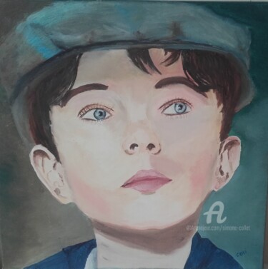 Painting titled "portrait gamin" by Simone Collet, Original Artwork, Oil Mounted on Wood Stretcher frame