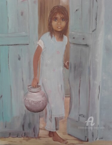 Peinture intitulée "fillette à la jatte…" par Simone Collet, Œuvre d'art originale, Huile Monté sur Châssis en bois