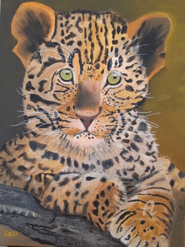 Pintura titulada "bébé léopard" por Simone Collet, Obra de arte original, Oleo Montado en Bastidor de camilla de madera