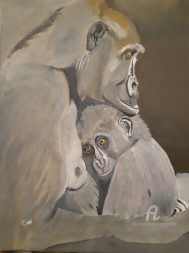 Peinture intitulée "gorille et son petit" par Simone Collet, Œuvre d'art originale, Huile