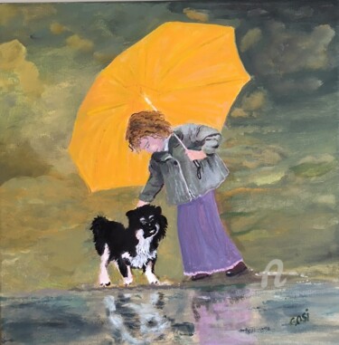 Картина под названием "fillette au paraplu…" - Simone Collet, Подлинное произведение искусства, Масло Установлен на Деревянн…