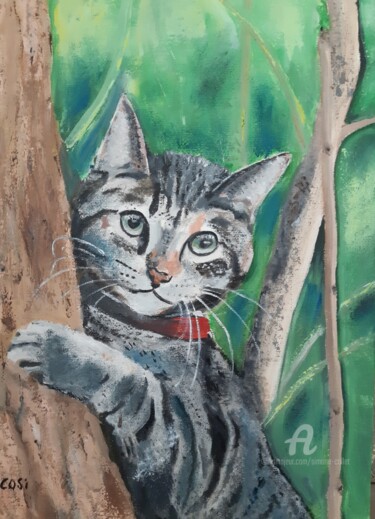 Painting titled "chat sur l'arbre" by Simone Collet, Original Artwork, Oil