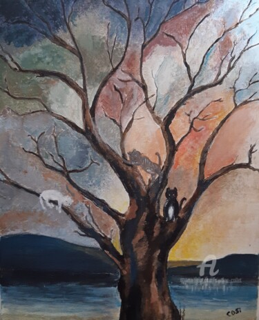 Painting titled "arbre à chats" by Simone Collet, Original Artwork, Acrylic Mounted on Wood Stretcher frame