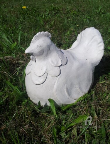 Sculpture intitulée "grosse poule blanch…" par Simone Collet, Œuvre d'art originale, Terre cuite