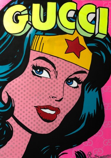 Peinture intitulée "Wonder Woman VS Guc…" par Simone De Rosa, Œuvre d'art originale, Acrylique Monté sur Châssis en bois