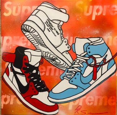 Painting titled "Off White VS Supreme" by Simone De Rosa, Original Artwork, Acrylic Mounted on Wood Stretcher frame