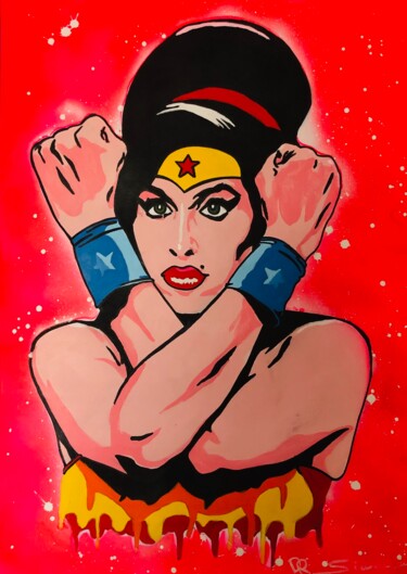 Painting titled "Wonder Woman VS Amy…" by Simone De Rosa, Original Artwork, Acrylic Mounted on Wood Stretcher frame