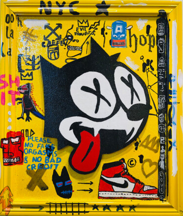 Painting titled "Felix the cat graff…" by Simone De Rosa, Original Artwork, Acrylic Mounted on Wood Panel