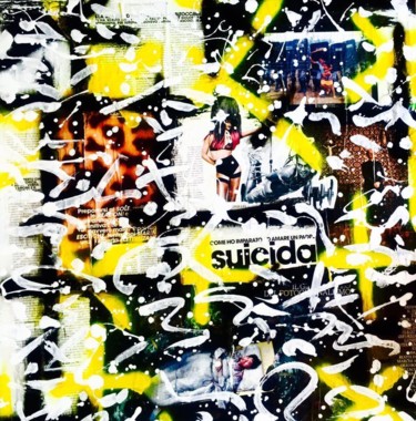 Collages intitolato "UOMO SUICIDA" da Simone Lazzarini, Opera d'arte originale, Smalto