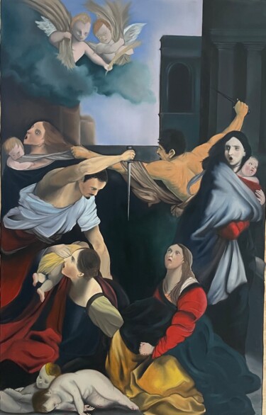 Painting titled "La strage degli inn…" by Simone May, Original Artwork, Oil Mounted on Wood Stretcher frame
