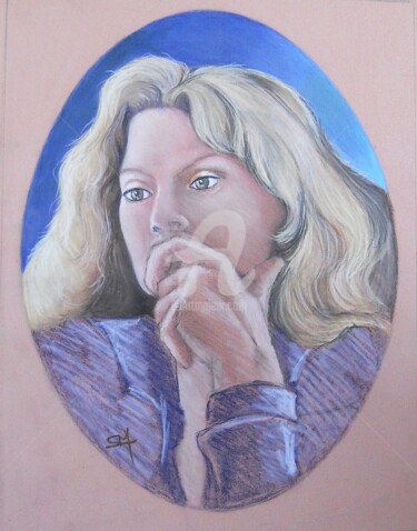 Drawing titled "Femme Pensive" by Simonetti  Dit Sm, Original Artwork, Pastel