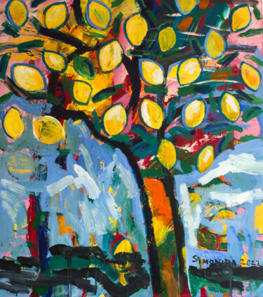 Painting titled "Lemon Tree" by Simonida Djordjevic, Original Artwork, Acrylic Mounted on Wood Stretcher frame