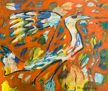 Painting titled "Phoenix Bird" by Simonida Djordjevic, Original Artwork, Acrylic Mounted on Wood Stretcher frame