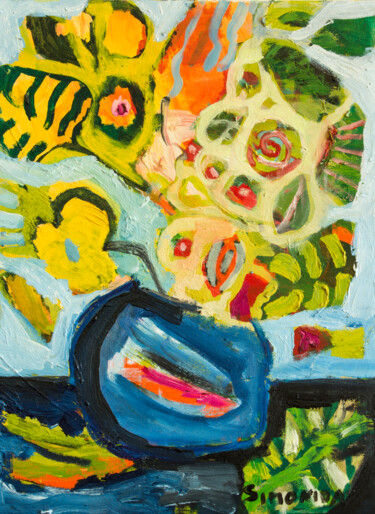 Картина под названием "Vase with Flowers" - Simonida Djordjevic, Подлинное произведение искусства, Масло Установлен на Дерев…