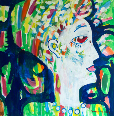 Painting titled "A Woman Listening t…" by Simonida Djordjevic, Original Artwork, Acrylic Mounted on Wood Stretcher frame