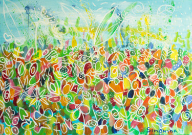 Painting titled "Meadow from Childho…" by Simonida Djordjevic, Original Artwork, Acrylic Mounted on Wood Stretcher frame