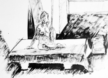 Dibujo titulada "Femme nue sur son l…" por Maria Iacuzzi (SIMPLE ART), Obra de arte original, Gouache