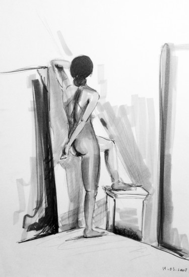 Drawing titled "Femme nue de dos" by Maria Iacuzzi (SIMPLE ART), Original Artwork, Marker