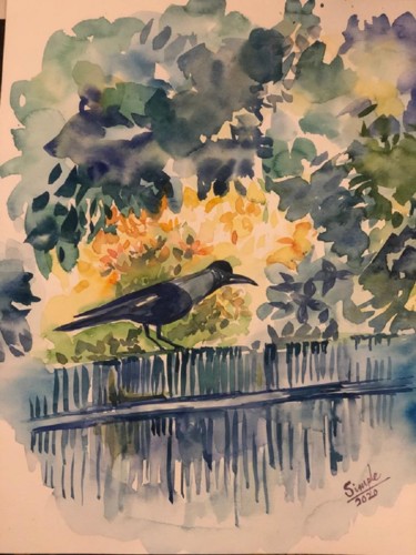 Malerei mit dem Titel "The Philosopher Crow" von Simple Mohanty Pani, Original-Kunstwerk, Aquarell