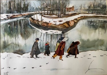 Painting titled "Off to School" by Simple Mohanty Pani, Original Artwork, Watercolor Mounted on Wood Panel
