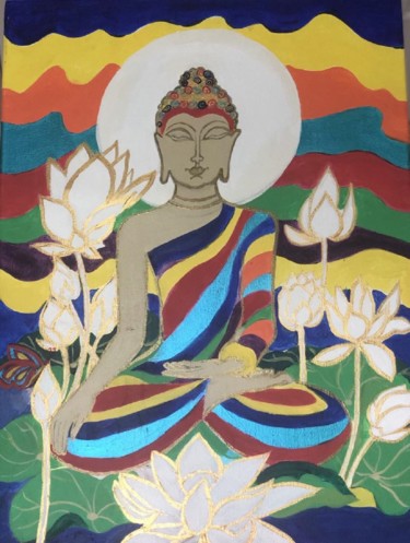 Painting titled "Pschedelic Buddha" by Simple Mohanty Pani, Original Artwork, Acrylic Mounted on Wood Stretcher frame