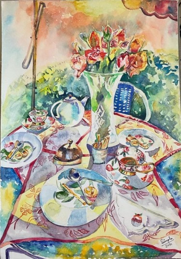 Картина под названием "Tea-time in the gar…" - Simple Mohanty Pani, Подлинное произведение искусства, Акварель