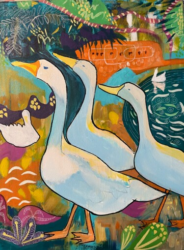 绘画 标题为“Ducks in Lodhi Gard…” 由Simple Mohanty Pani, 原创艺术品, 丙烯 安装在木质担架架上