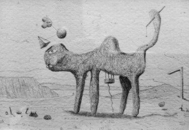 Drawing titled "The Cat" by Simpson, Original Artwork, Pencil Mounted on Cardboard