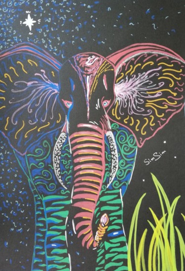 Peinture intitulée "Féerie de l'éléphant" par Simsim, Œuvre d'art originale, Crayon