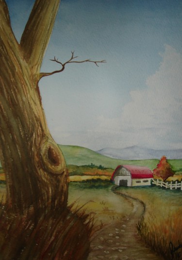 Painting titled "Le chemin" by Sindy Morissette, Original Artwork, Watercolor