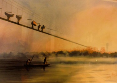 Painting titled "Le pont" by Sindy Morissette, Original Artwork, Watercolor