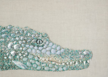Art textile intitulée "Sobek, crocodile di…" par Cindy Roch, Œuvre d'art originale, Broderie
