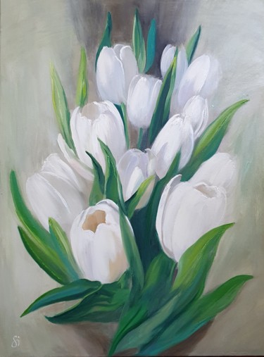 Картина под названием "Весенний букет тюль…" - Мария Синельникова, Подлинное произведение искусства, Масло