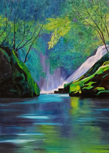 Картина под названием ""Водопад в ущелье"" - Мария Синельникова, Подлинное произведение искусства, Масло