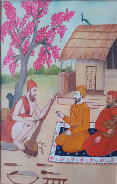 Картина под названием "Guru Nanak Dev ji w…" - Singh Avtar, Подлинное произведение искусства, Темпера