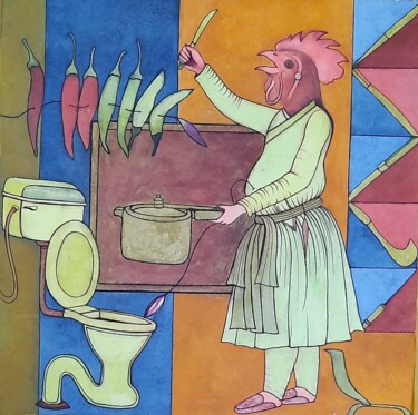 Painting titled "daily life of a man" by Singh Avtar, Original Artwork, Watercolor