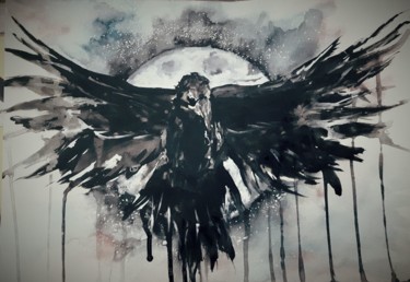 Painting titled "The Dripping Raven" by Bjöks, Original Artwork, Watercolor