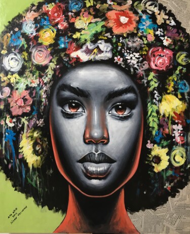 Pintura intitulada "Flower girl" por Sisay Teshome, Obras de arte originais, Acrílico