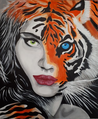 Painting titled "Tiger Woman" by Sylvain Corvaisier, Original Artwork, Acrylic Mounted on Wood Stretcher frame