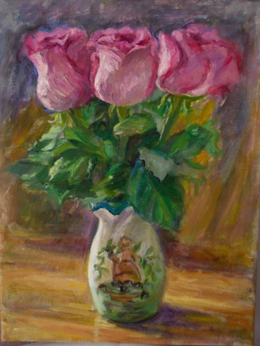 Painting titled "Ροζ λουλούδια στο β…" by Athanasia P, Original Artwork, Oil